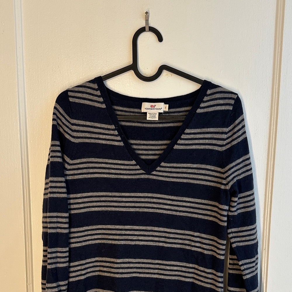 Navy and Gray Striped V-Neck Sweater Dress